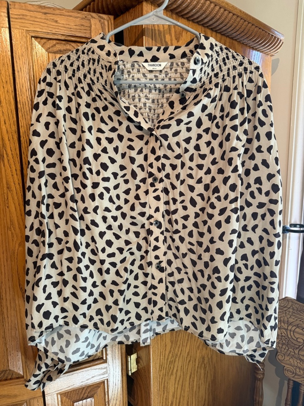 Thakoon Black Spot-Print Beige Smocked Yoke Blouse